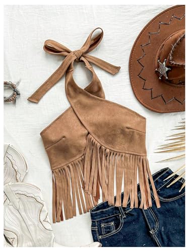 OYOANGLE Women's Fringe Criss Cross Sleeveless Halter Top Backless Music Festival Vacation Crop Tops3