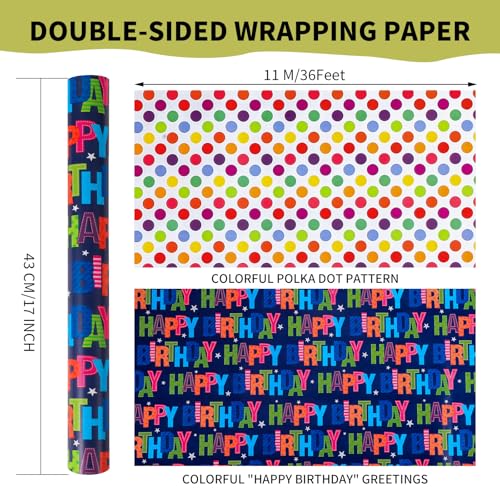 woric Reversible Birthday Wrapping Paper Roll 17 Inch x 36 Feet Happy Birthday Lettering Gift Wrapping Paper for Boys Girls Kids Party, Baby Shower, Holiday