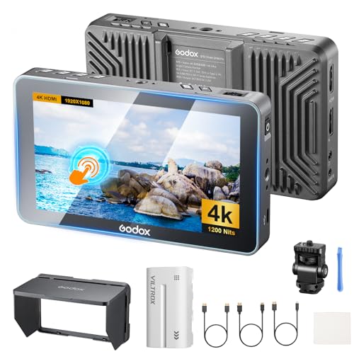 Godox GM6S Pro Touch Screen Camera Field Monitor 2000nits 5.5 inch Camera Control Monitor with Sunshade Hood 4K@60Hz HDMI,False Color, Onion Skin, Waveform, 3D LUT, Peak Focus, NP-F Batteries & Cable