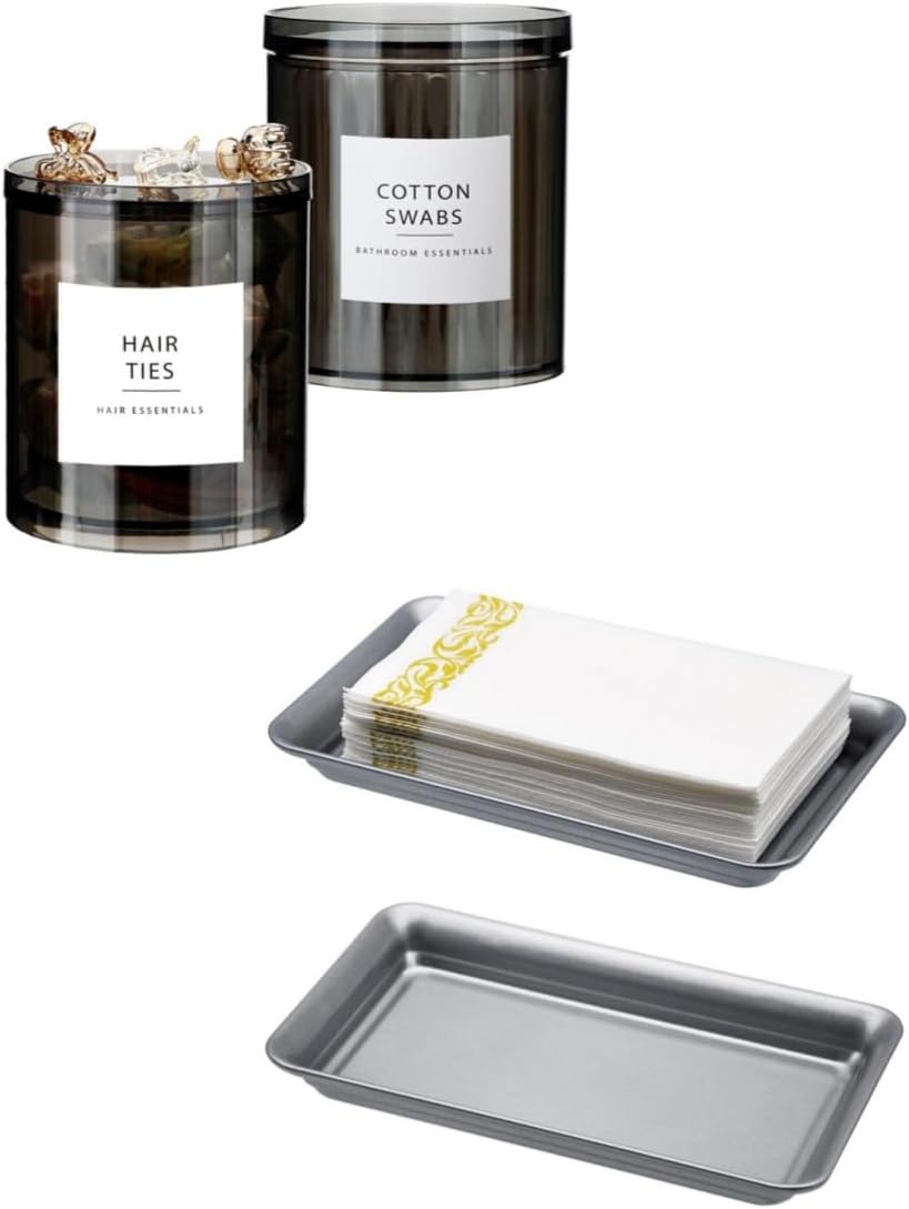 SheeChung Qtip Holder Dispenser Stackable Apothecary Jars with Storage Lids with Metal Vanity Tray