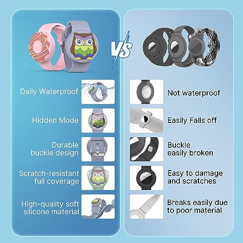 Image of Waterproof Air tag Bracelets for Kids (2 Pack) - Soft Silicone Hidden Air tag Wristband - Lightweight GPS Tracker Holder Compatible with Apple Airtag Band for Child (Donut & Owl)
