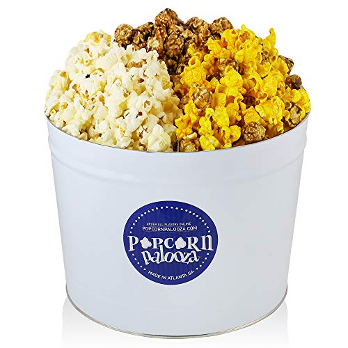 Popcorn Palooza Gourmet Popcorn Tin - 2 Gallon Cheese, Chicago Style & Caramel Popcorn Gift Baskets Variety Pack Flavored Popcorn Snack for Holidays, Easter, Birthday Parties, Weddings & Anniversary