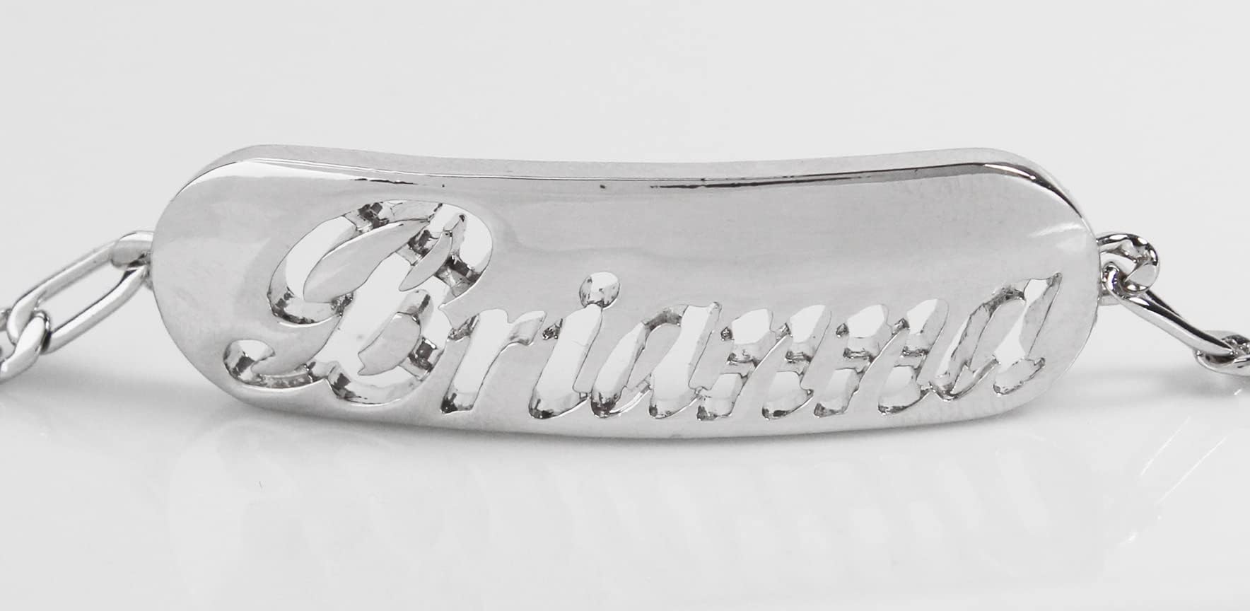 Zacria Name Bracelet Brianna - White Gold Plated 18ct Personalised Bracelet. 10" Figaro Chain with Gift Box and Gift Bag. 2mm Thick Nameplate.