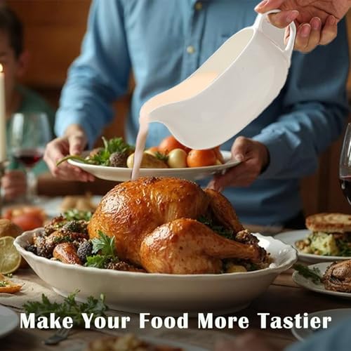 Nexboraque 14 oz Gravy Boat with Tray, Ceramic Sauce Boat with Ergonomic Handle and Dripless Lip Spout for Salad Dressings, Creamer, Broth, Black Pepper, White