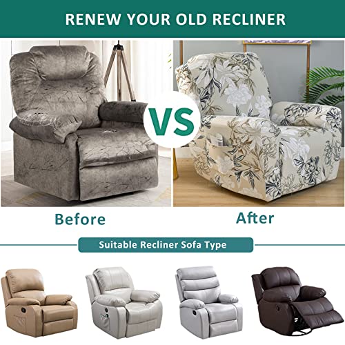 Niluoh Stretch Recliner Cover 4 Pieces Printed Lazy Boy Chair Covers Floral Patterned Recliner Sofa Slipcover Anti-Slip Fitted Furniture Protector With Elastic Bottom, A3 #TOP3