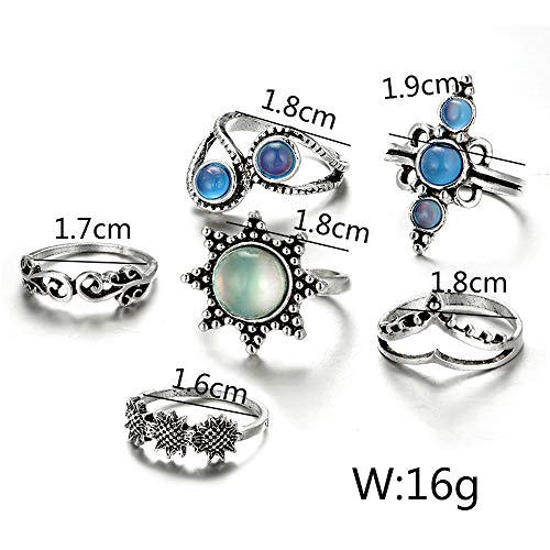Missgrace Bohemian Vintage Silver Knuckle Stacking Blue Stone Floral Rings For Women Teen Girls Boho Vintage Geometric Crystal Midi Finger Rings Set 6 Pcs (Style 5) #TOP6