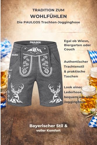 PAULGOS Herren Trachten Jogginghose, Optik Trachten Lederhose, Kurz in 3 Farben Gr.S-3XL JOK4 (3XL, Dunkelgrau)