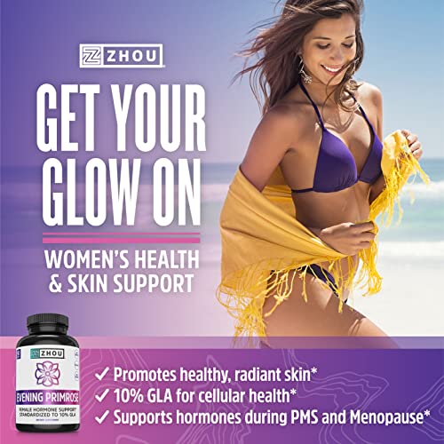 Zhou Nutrition Evening Primrose Oil Capsules, Supports Hormone Balance For Women, Pms And Menopause Support, Cold Pressed, Lab Verified And Hexane Free - 1300Mg 10% Gla, 90 Servings, 3 Month Supply #TOP2