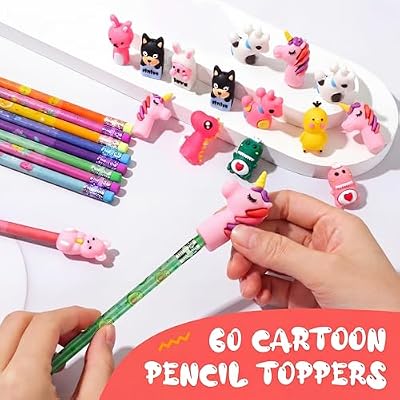 Thenshop 30 Pcs Scented Pencils for Kids Fruit Scent HB Graphite Pencils Bulk with 30 Pcs Cartoon Toppers Animal Cute Pens Cap Gift for School Classroom Party Reward Supplies