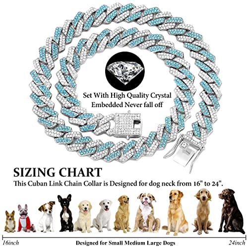 Fasdecon Gold Dog Chain Collar Diamond Cuban Collar Walking Metal Chain Collar With Design Secure Buckle Dog Collars For Medium Large Dogs (16Inch, Sea Blue-Silver) #TOP2