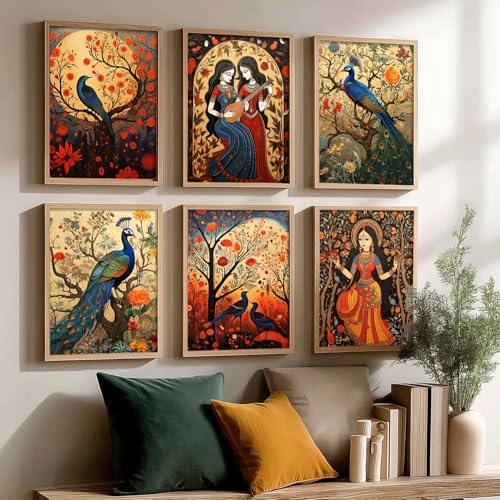 Image of kotart Premium Digital Madhubani Art Paintings with Frame for Home Decor - Framed Painting for Living Room Bedroom Office Room Decor - Painting for Wall Decoration - Pack of 6 (10X13 inch)