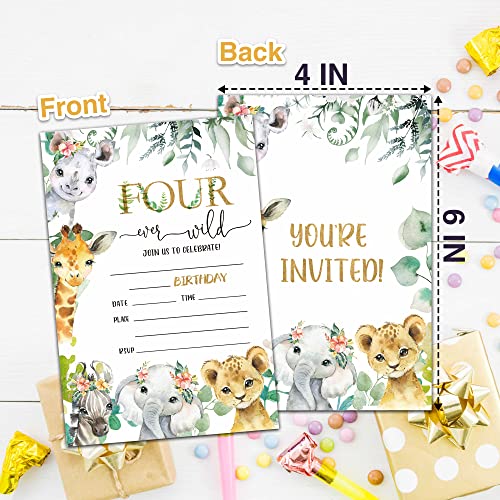 Doqpo Four Ever Wild Birthday Invitations For Boys Girls, 4Th Safari Jungle Animals Party Invitations, Birthday Party Invitation, Birthday Decorations - 20 Invites With 20 Envelopes - C04 #TOP1