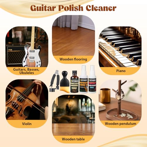 6Pcs Guitar Cleaning Kit - Includes Guitar Polish, Fretboard Oil, String Cleaner, String Winder, Brush, Cleaning Cloth, Guitar Maintenance Kit, for Violin, Piano, Bass, Guitar Players