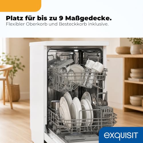 Exquisit Geschirrspüler 45 cm, Spülmaschine freistehend/Unterbau, 9 Maßgedecke, 7 Programme, Eco, 49 dB(A), Energieklasse E, Startzeitverzögerung, Extra-Trocknung, GSP9309-030E weiss