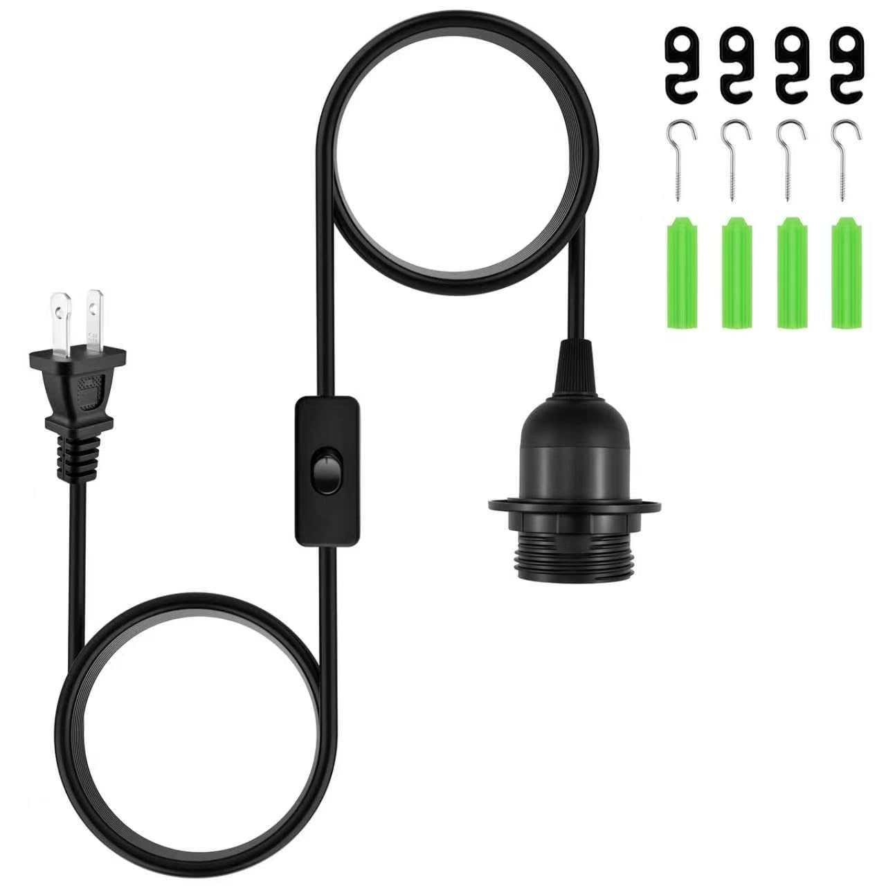 16FT E26/E27 Plug in Pendant Light Hanging Cord with On/Off Switch | 2Pack Black Extension Chandelier Lantern Cable Lamp Socket with Ceiling Hooks for Kitchen, Porch & DIY Lighting Projects