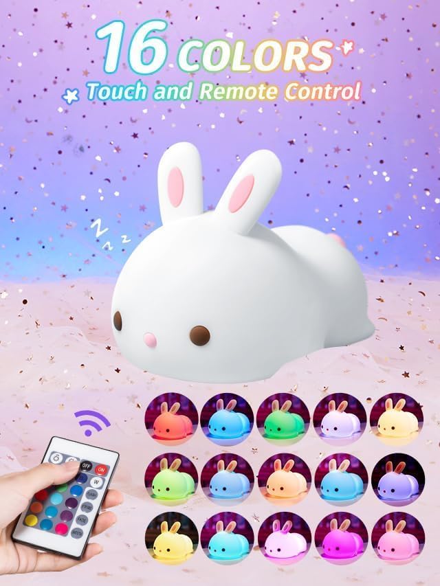 Image of MUID Cute Silicone Bunny LED Night Light, Squishy 16 Color Changing Bedside Lamp for Baby Nursery, Kawaii Animal Light for Bedroom Birthday Gift (Sleeping-Bunny) White
