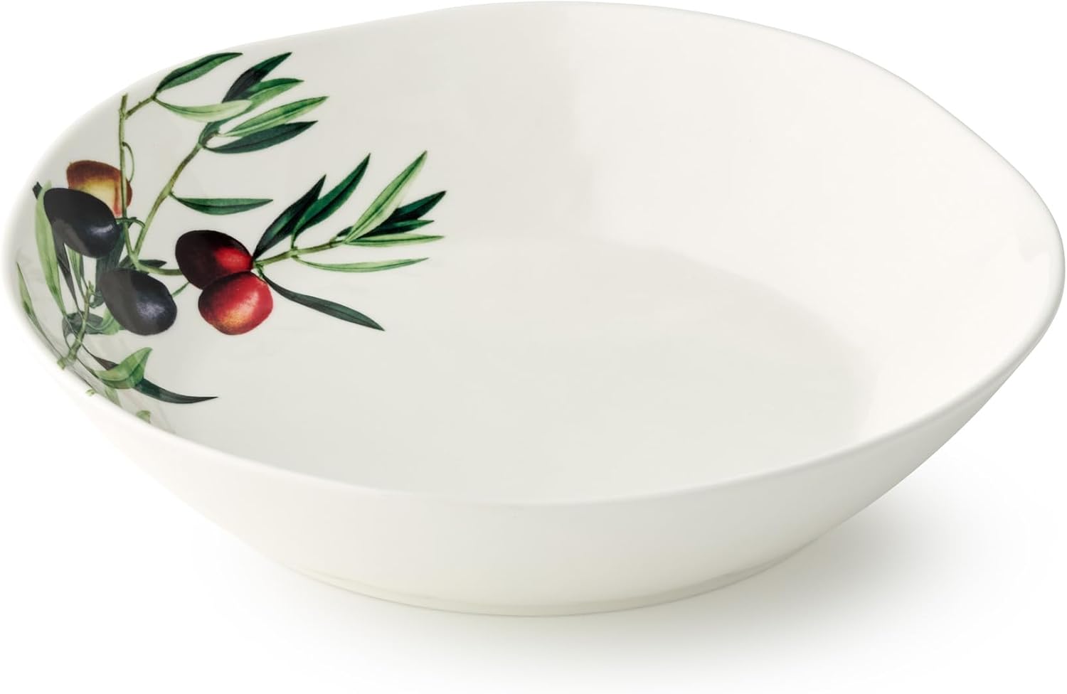 Olivia 40-Ounce Stoneware Soup and Pasta Bowl Set of 4 - Mediterranean Olive Branch Print with Vibrant Green and Rich Tones, Perfect for Soups, Pastas, and Hearty Meals