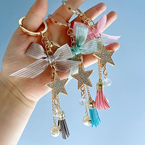 Swjewel Bling Rhinestone Star Keychain Tassel Bow-Knot Pearl Car Keyring Charm Purse Pendant Handbag Birthday Gift For Girls Women-Pink #TOP6