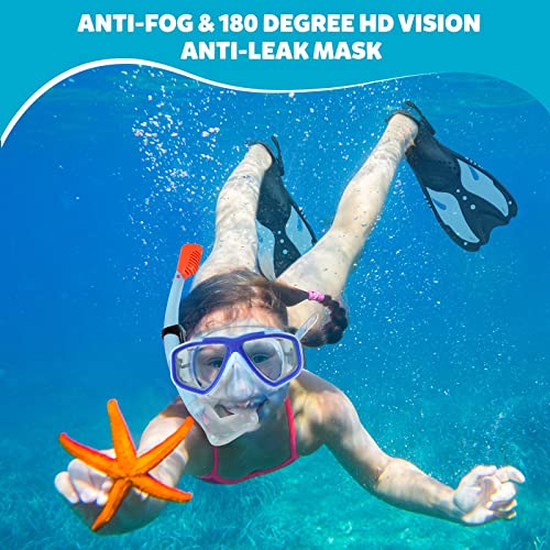 KUYOU Youth Snorkel Set for Ages 7-16, Snorkeling Gear for Kids with Panoramic View Diving Mask Anti-Fog Anti-Leak, Full Dry Top Snorkel, Fins and Travel Bag for Swimming, Snorkeling (Sea Sky Blue)