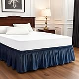 Elastic Wrap Around Bed Skirt - Easy Fit with 15-Inch Tailored Drop, Hotel Quality Dust Ruffle for Full Size Bed (Navy, Full-15 Drop)