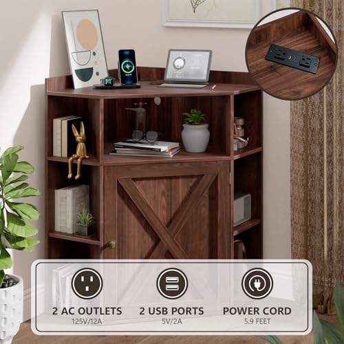 Image of Halitaa Corner Storage Cabinet, Farmhouse Corner Bookshelf with Storage 6-Cubby Wooden Cabinet with USB Ports and Outlets Industrial Organizer for Small Space, Study, Playroom, Living Room, Walnut
