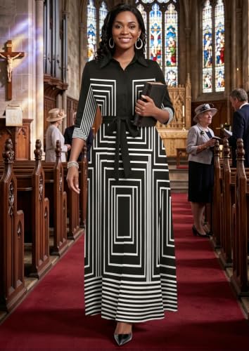 Image of Rumwind Maxi Dresses for Women, 3 /4 Sleeve Shirt Collar Casual Afircan Print Church Dress Button Down with Belt and Pockets