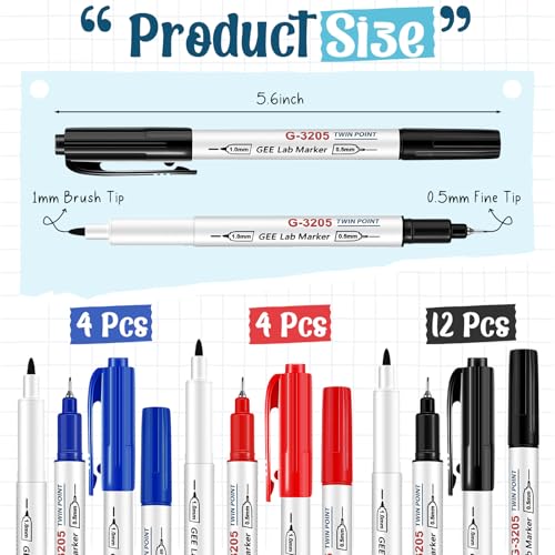 Janlaugh 20 Pack Alcohol Resistant Laboratory Markers, Black Dual Head Permanent Freezer Pens with 0.5mm Fine Point and 1.0mm Makers Tip, Designed for Industrial, Lab and Hospital Use