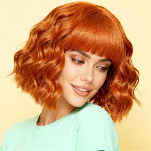 COOINEADER Orange Wigs for Black Women Soft Short Bob Style Wigs with Bangs for Women Synthetic Shoulder Length Women's Curly Wigs for Cosplay Halloween Costumes Daily (Orange)