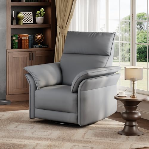 Image of GarveeHome Power Recliner Chair Swivel Glider Upholstered Faux Leather Nursery Rocker Reclining Sofa Chair with Charging Port, Curved Armrests & Padded Backrest (Gray)