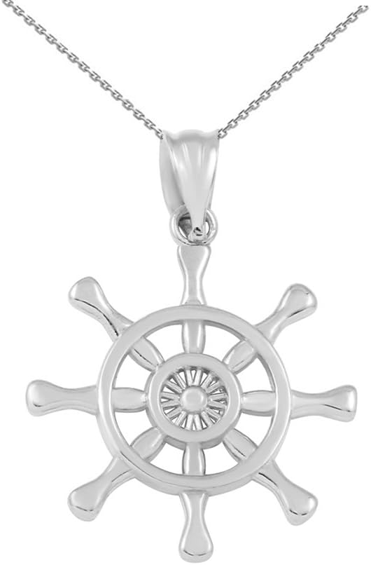 925 Sterling Silver Nautical Ship Steering Wheel Pendant Necklace