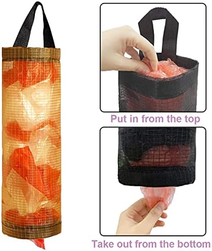 Plastic Bag Holder 2Pcs, Hanging Mesh Garbage Bags with 2 Hooks, Folding Garbage Bag Organizer, Household Recycling Storage Dispensers for Home and Kitchen (Black+Yellow)