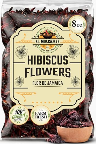 Hibiscus Flowers (8oz) – Flor de Jamaica, Dried Hibiscus Flowers for Tea - Triple Cleaned Whole Hibiscus Petals and Bulk Loose Leaf for Agua Fresca, Jamaican & Sorrel Hibiscus Tea by El Molcajete