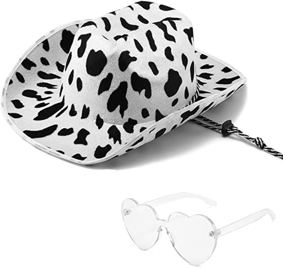 2pieces Cow Print Summer Cowgirl Hat with Heart Sunglasses Hat for Wedding