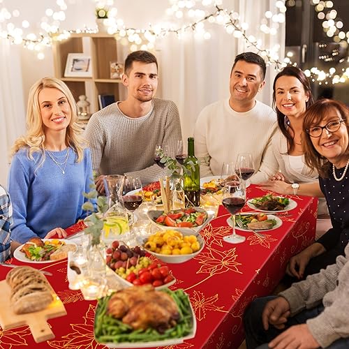3 Pcs Red Christmas Tablecloths 54 x 108 Inch Gold Flower Poinsettia Bronzing Table Covers Disposable Christmas Rectangle Table Cloth for Xmas Holiday Kitchen Dining Table Decor – Image 6