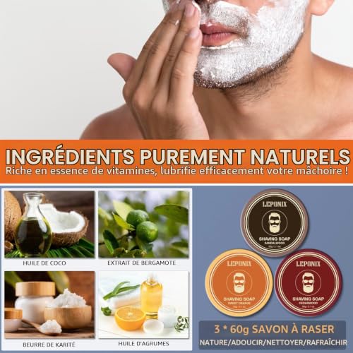 Set de Savon Rasage Homme, Inclus 3 Savons Raser & Crème Après-Rasage Bois de Santal pour Homme, Mousse à Raser Richement Parfumée Wet Scratch – vue 5