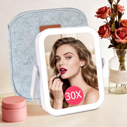 FUNTOUCH 30X/1X Travel Magnifying Mirror with Light, White with Bag