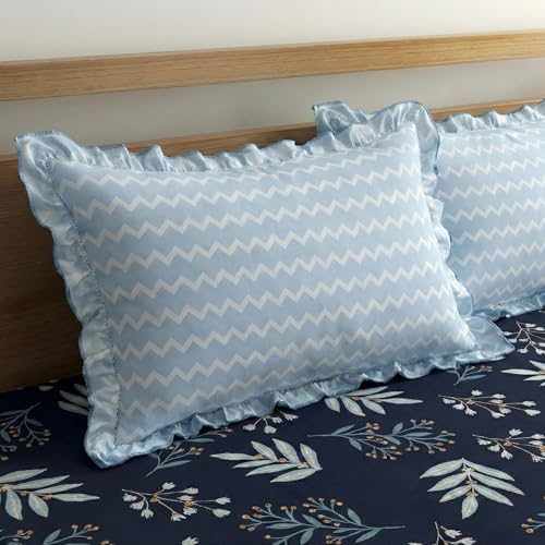 Image of Home Sizzler Microfibre Botanical Print Double Fitted Bedsheet, 72x78 inch, Navy Blue with 2 Ruffled Edge Pillow Covers