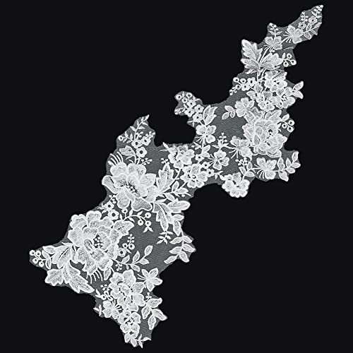 Pandahall Flower Lace Embroidery White Lace Appliques Dress Embroidery Patch Lace Fabric With Sequin For Wedding Dress Party Clothes Diy Costume Sewing Craft, 61Cm/24" #TOP11