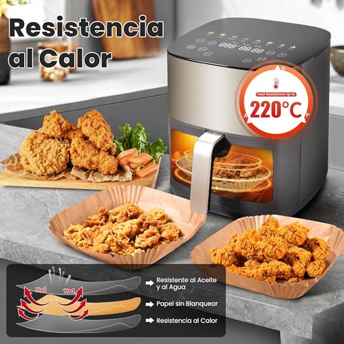 KitchenBoss 120 Piezas Papel Freidora Aire：20-24cm Papel Air Fryer Cuadrado, Papel Pergamino Freidora Aire Desechable Antiadherente para 5-8L Freidora, Horno, Microondas - imagen 3