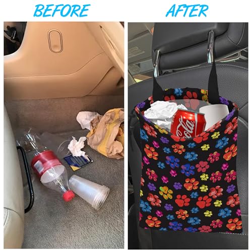 Image of Car Trash Bag Rainbow Animal Paw Print Car Garbage Bag Hanging Car Trash Can for Back Seat with Drawstring
