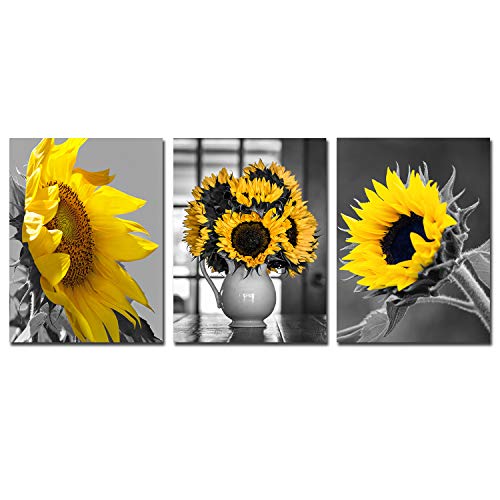 Black Yellow Sunflower Canvas Painting - Yellow Flowers Wall Pictures for Living Room 3 Panels Wall Art Posters and Prints Home Office Decoration Floral Bedroom Kitchen Decor 12x16x3 unframed