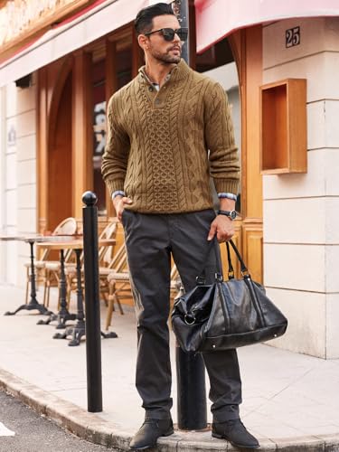 Runcati Mens Cable Knit Pullover Sweater Casual Stand Collar Chunky Buttons Fall Winter Sweaters4