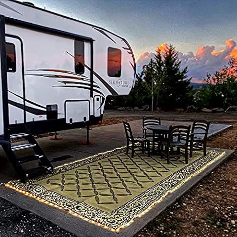 Stylish Camping L118187WL 8-feet by 18-feet LED Illuminated Patio Mat - Outdoor Patio Brown/Beige RV Camping Mat Cover