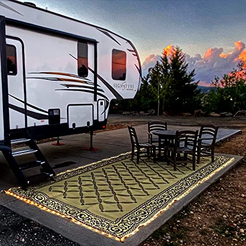 REVERSIBLE MATS LED Illuminated Patio Mat - Outdoor Patio 8-Feet x 18-Feet Brown/Beige RV Camping Mat