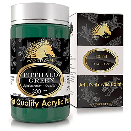 Phthalo Green Acrylic Paint - 300ml Bottle (10oz) - Artist Quality - Lightfast - Heavy Body - Vibrant Color - Great Tinting Strength - Professional Grade Paints by MyArtscape