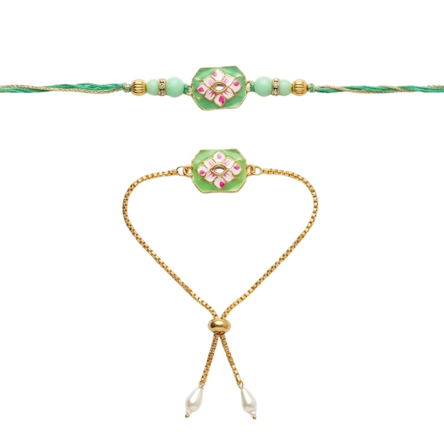 Mint Green Beaded Rakhi Featuring Floral Centerpiece and Sliding Chain for Brother-image-1