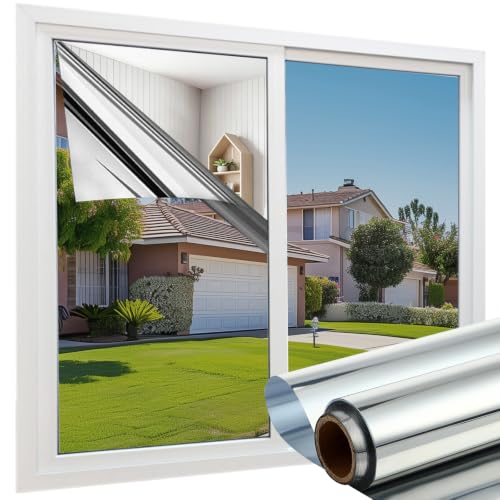 aboveBED Film Anti Regard Fenetre 100x200 cm, Effet Miroir sans Tain pour Vitre Brise Anti UV, Film Adhesif Fenetre Anti Chaleur, Feuille Miroir Occultant à Sens Unique Protéger du Soleil, Argent