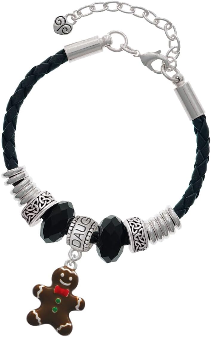 Delight Jewelry Enamel Gingerbread Cookie Boy - Daughter Celtic Knot Leather Bead Bracelet, 7"+2" Extender