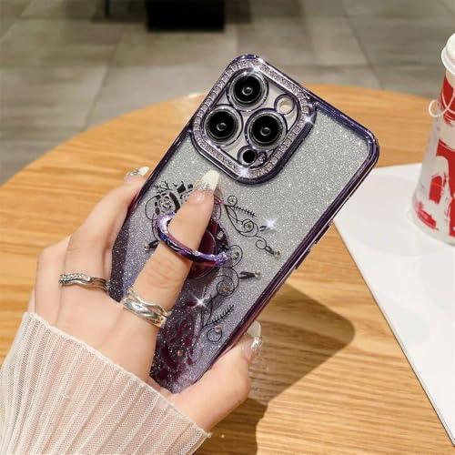Coque iPhone 13 Pro Max fleur colorée support anneau paillettes diamant antichoc dorée