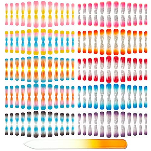 240 Pieces Extra Long Gradient Ballerina Press on Nails Glitter Acrylic Coffin False Nails Full Cover Fake Nails Tips with a Crystal Nail File for Nail Art Salon DIY Decoration (Gradient&Glitter)